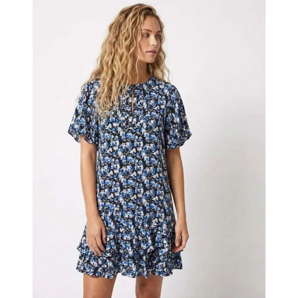 Reiss Lulu Floral Shift Dress Blue Black‎ Ruffle Hem Size US 10 Wedding Guest